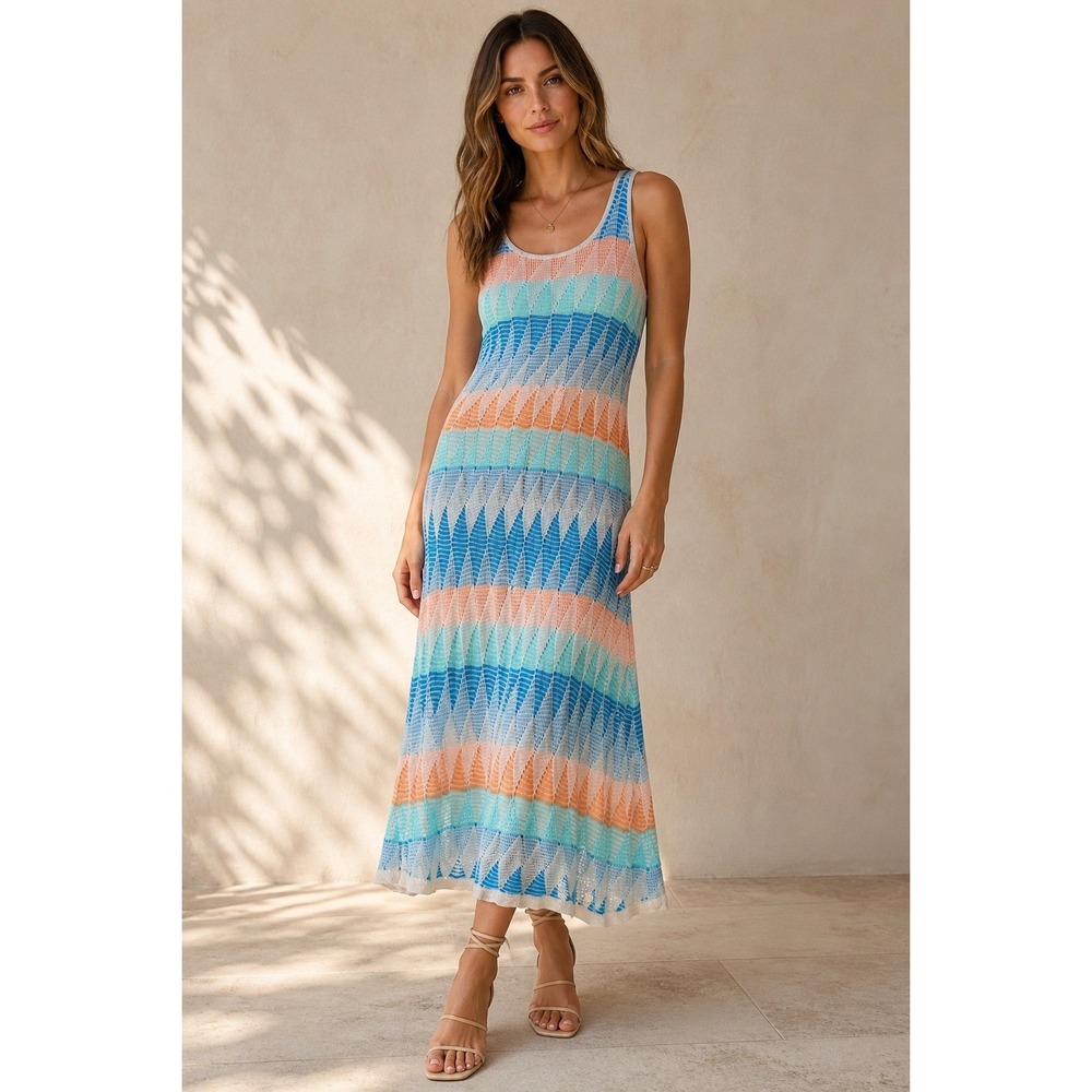 Colorful Open Knit Stripe‎ Midi Dress Resort Vacation Small